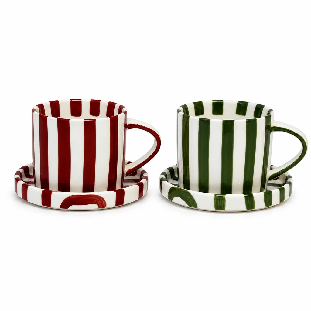 Custom Striped Ceramic Coffee Mug with Saucer Set | OEM Ceramic Mug Manufacturer